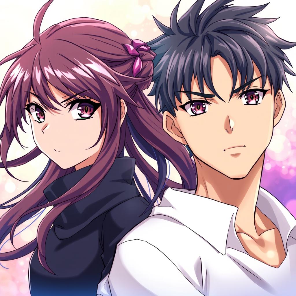 Stunning anime style girl with sharp, intense eyes and free-flowing hair, standing next to a handsome boy with similarly intense eyes