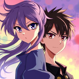 Stunning anime style girl with sharp, intense eyes and free-flowing hair, standing next to a handsome boy with similarly intense eyes