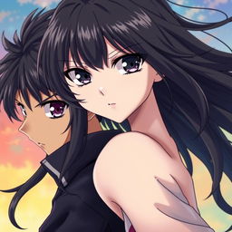 Stunning anime style girl with sharp, intense eyes and free-flowing hair, standing next to a handsome boy with similarly intense eyes