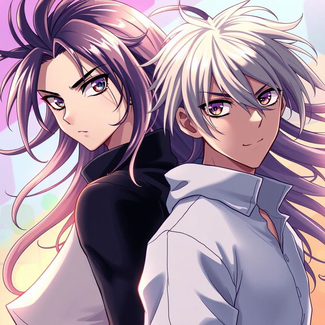 Stunning anime style girl with sharp, intense eyes and free-flowing hair, standing next to a handsome boy with similarly intense eyes