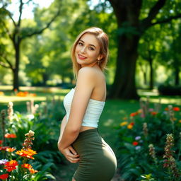 A beautiful 30-year-old woman in a park setting, standing confidently and embracing nature