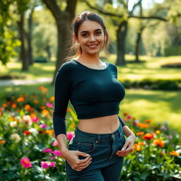 A beautiful 30-year-old woman in a park setting, standing confidently and embracing nature