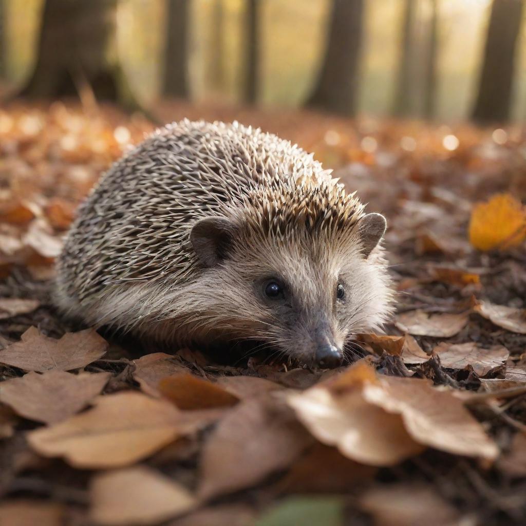 A deceased hedgehog peacefully resting in a serene forest environment, surrounded by fallen leaves and warm sunlight filtering through the trees