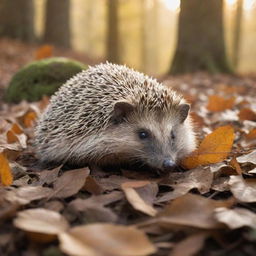 A deceased hedgehog peacefully resting in a serene forest environment, surrounded by fallen leaves and warm sunlight filtering through the trees