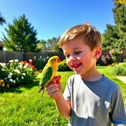 A heartwarming scene of a young boy playing with his pet bird in a serene backyard