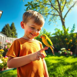 A heartwarming scene of a young boy playing with his pet bird in a serene backyard