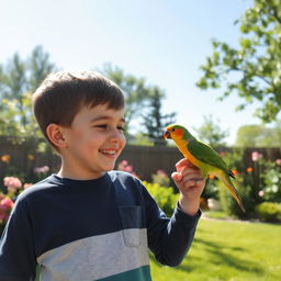 A heartwarming scene of a young boy playing with his pet bird in a serene backyard