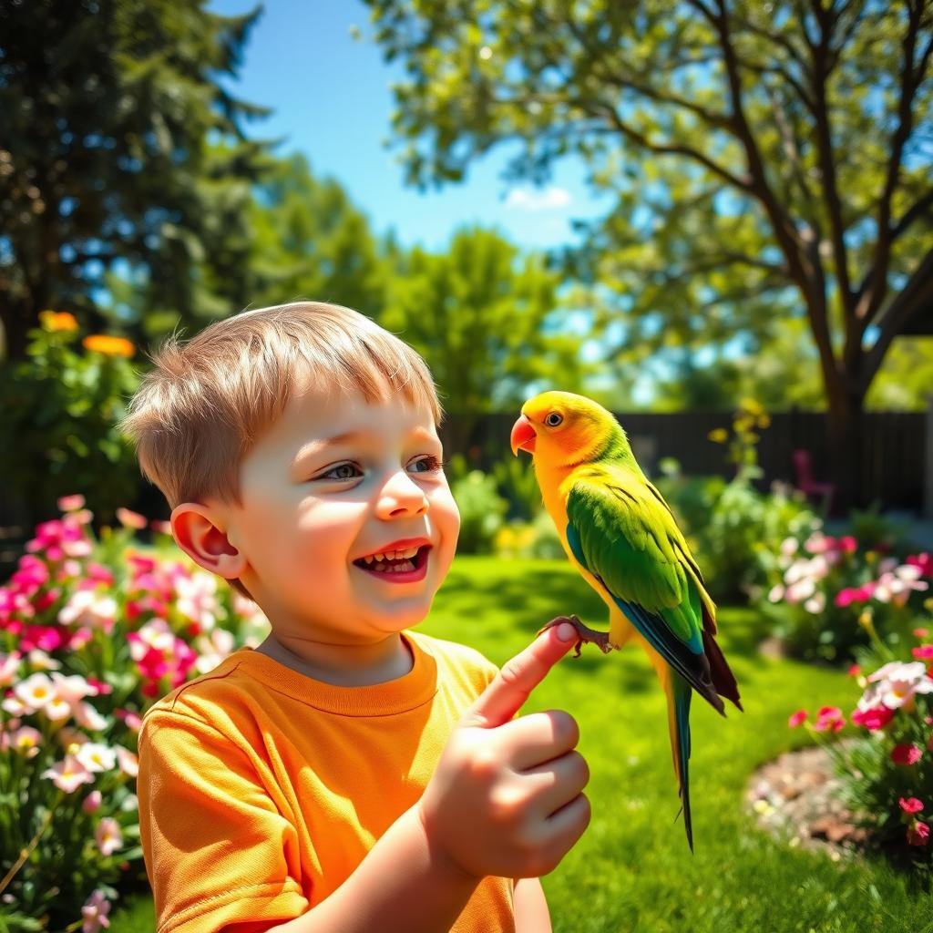 A heartwarming scene of a young boy playing with his pet bird in a serene backyard