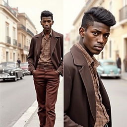 1960s young Black Portuguese man, stylish attire typical of 1960s Portugal fashion, standing confidently, one image showing a front view, the other showing a side profile, showcasing his sharp haircut and expressive eyes, against a vintage urban Portuguese backdrop with classic cars and period architecture