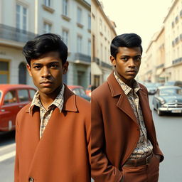 1960s young Black Portuguese man, stylish attire typical of 1960s Portugal fashion, standing confidently, one image showing a front view, the other showing a side profile, showcasing his sharp haircut and expressive eyes, against a vintage urban Portuguese backdrop with classic cars and period architecture