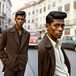 1960s young Black Portuguese man, stylish attire typical of 1960s Portugal fashion, standing confidently, one image showing a front view, the other showing a side profile, showcasing his sharp haircut and expressive eyes, against a vintage urban Portuguese backdrop with classic cars and period architecture