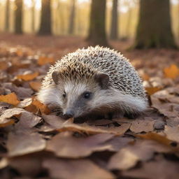 A deceased hedgehog peacefully resting in a serene forest environment, surrounded by fallen leaves and warm sunlight filtering through the trees