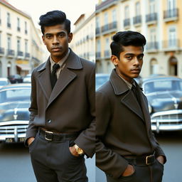 1960s young Black Portuguese man, stylish attire typical of 1960s Portugal fashion, standing confidently, one image showing a front view, the other showing a side profile, showcasing his sharp haircut and expressive eyes, against a vintage urban Portuguese backdrop with classic cars and period architecture