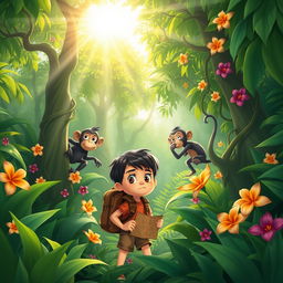 A cartoon scene depicting a young boy lost in a dense jungle