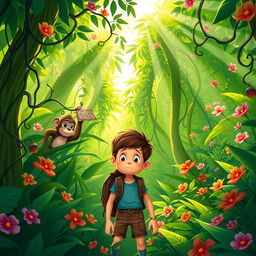 A cartoon scene depicting a young boy lost in a dense jungle