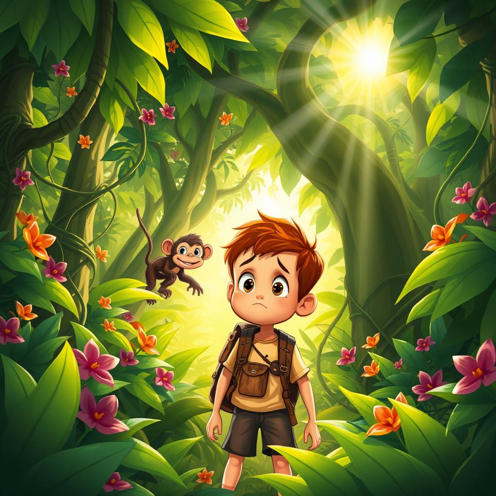 A cartoon scene depicting a young boy lost in a dense jungle