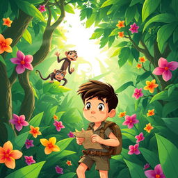 A cartoon scene depicting a young boy lost in a dense jungle