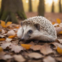 A deceased hedgehog peacefully resting in a serene forest environment, surrounded by fallen leaves and warm sunlight filtering through the trees