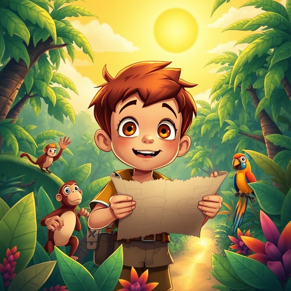 A vibrant cartoon depiction of a young boy lost in a dense jungle, determined to find his way back home