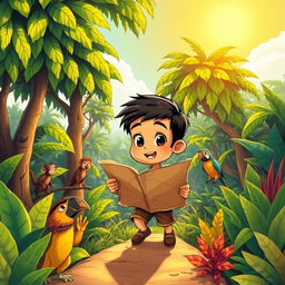 A vibrant cartoon depiction of a young boy lost in a dense jungle, determined to find his way back home