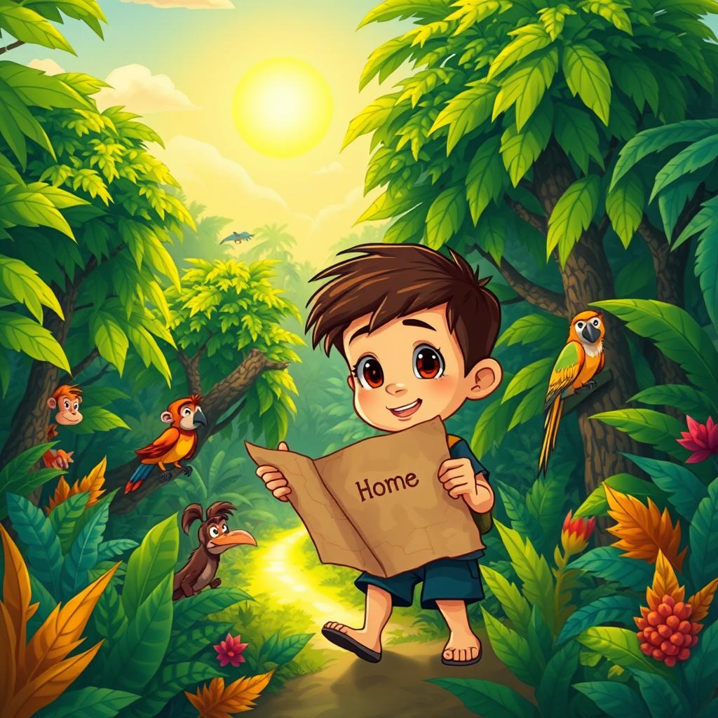 A vibrant cartoon depiction of a young boy lost in a dense jungle, determined to find his way back home