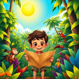 A vibrant cartoon depiction of a young boy lost in a dense jungle, determined to find his way back home