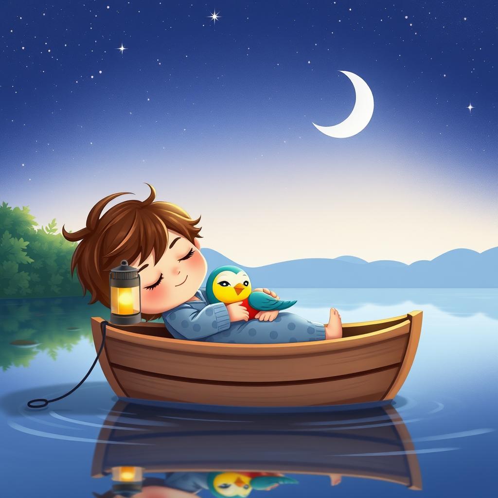 A cartoon boy and his bird peacefully sleeping in a small boat gently floating on a serene lake under a starry sky