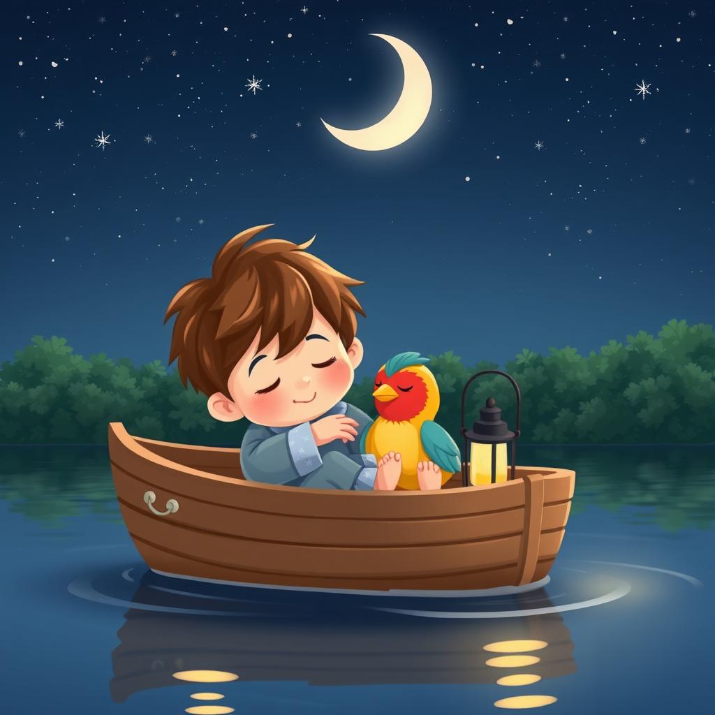 A cartoon boy and his bird peacefully sleeping in a small boat gently floating on a serene lake under a starry sky