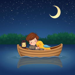 A cartoon boy and his bird peacefully sleeping in a small boat gently floating on a serene lake under a starry sky