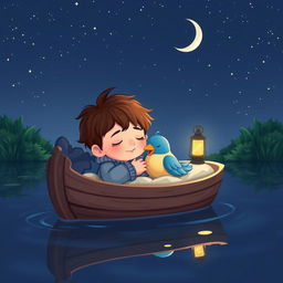 A cartoon boy and his bird peacefully sleeping in a small boat gently floating on a serene lake under a starry sky