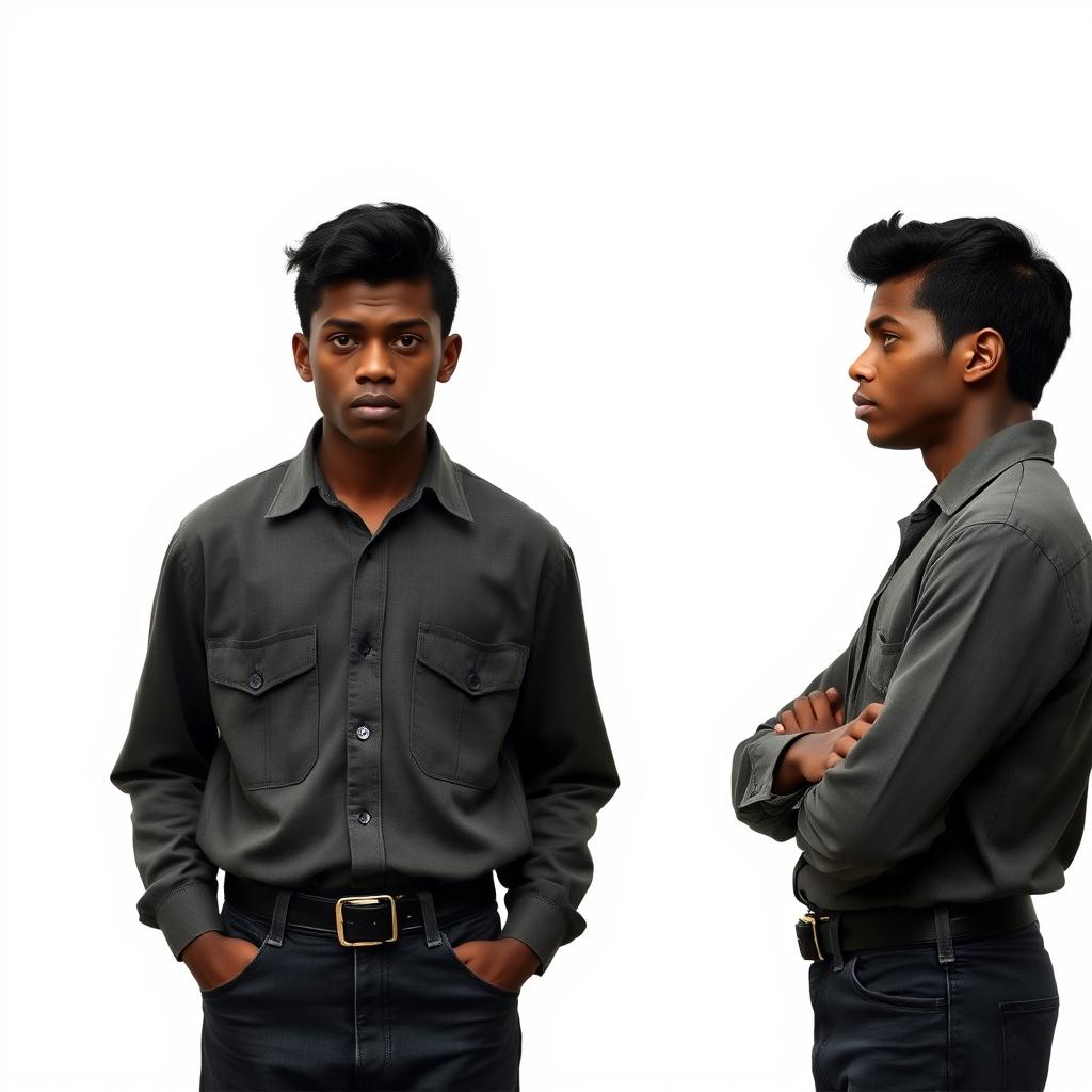 1960s young Black Portuguese man, wearing clothing typical of 1960s Portugal, standing in a neutral stance, one image from the front and another showing a side profile, set against a plain white background reminiscent of police detention photos, with emphasis on his determined expression and distinctive 1960s hairstyle