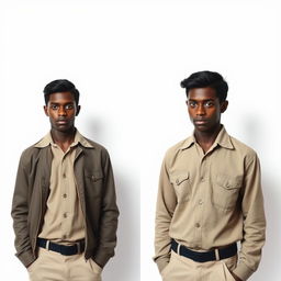 1960s young Black Portuguese man, wearing clothing typical of 1960s Portugal, standing in a neutral stance, one image from the front and another showing a side profile, set against a plain white background reminiscent of police detention photos, with emphasis on his determined expression and distinctive 1960s hairstyle