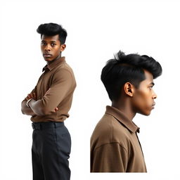 1960s young Black Portuguese man, wearing clothing typical of 1960s Portugal, standing in a neutral stance, one image from the front and another showing a side profile, set against a plain white background reminiscent of police detention photos, with emphasis on his determined expression and distinctive 1960s hairstyle