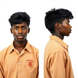 1960s young Black Portuguese man, wearing clothing typical of 1960s Portugal, standing in a neutral stance, one image from the front and another showing a side profile, set against a plain white background reminiscent of police detention photos, with emphasis on his determined expression and distinctive 1960s hairstyle