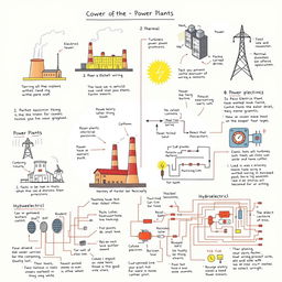 A detailed illustration depicting concepts of basic electrical knowledge, power generation, power plant workings, and electronic wiring