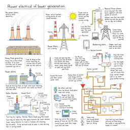 A detailed illustration depicting concepts of basic electrical knowledge, power generation, power plant workings, and electronic wiring