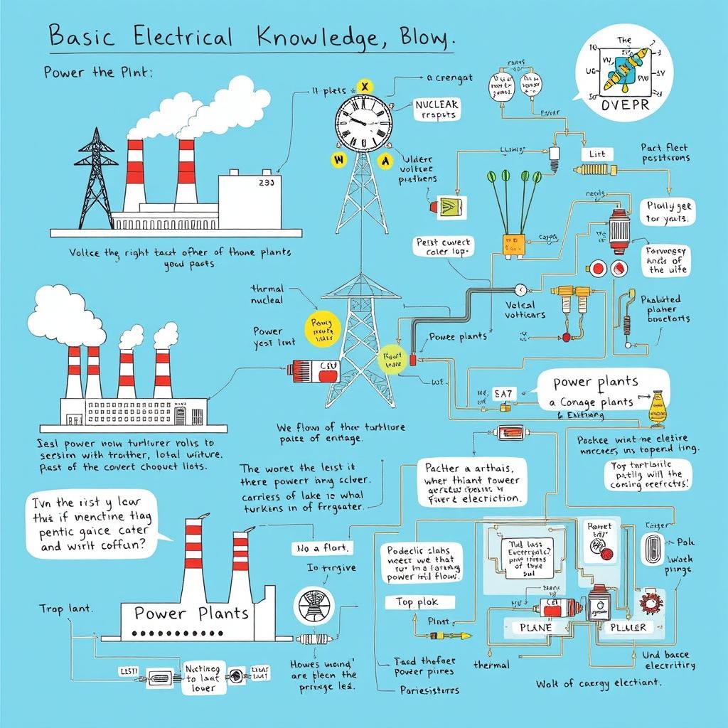 A detailed illustration depicting concepts of basic electrical knowledge, power generation, power plant workings, and electronic wiring