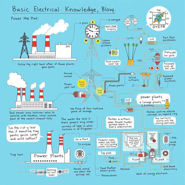 A detailed illustration depicting concepts of basic electrical knowledge, power generation, power plant workings, and electronic wiring