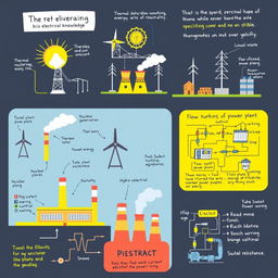 A detailed illustration depicting concepts of basic electrical knowledge, power generation, power plant workings, and electronic wiring