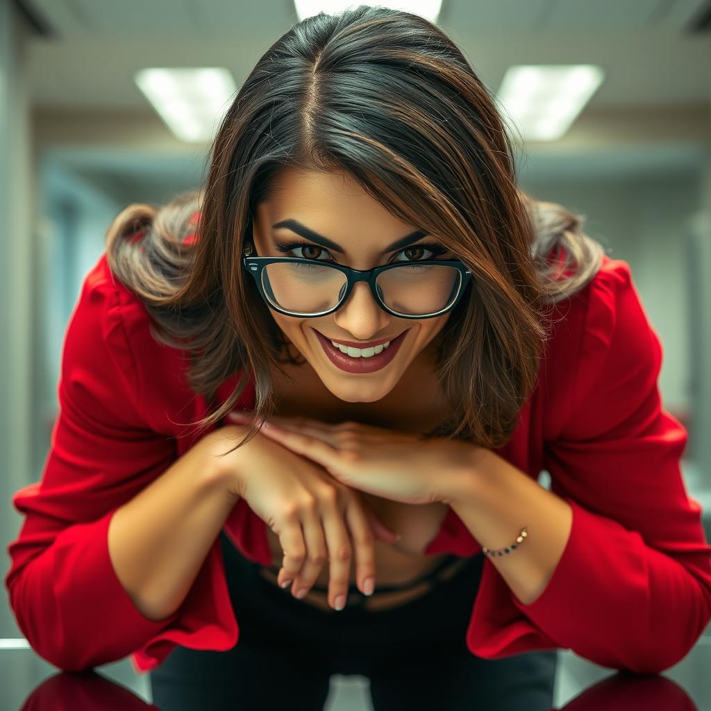 A gorgeous brunette woman in an office, bending over a desk with her elbows resting on it