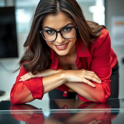 A gorgeous brunette woman in an office, bending over a desk with her elbows resting on it