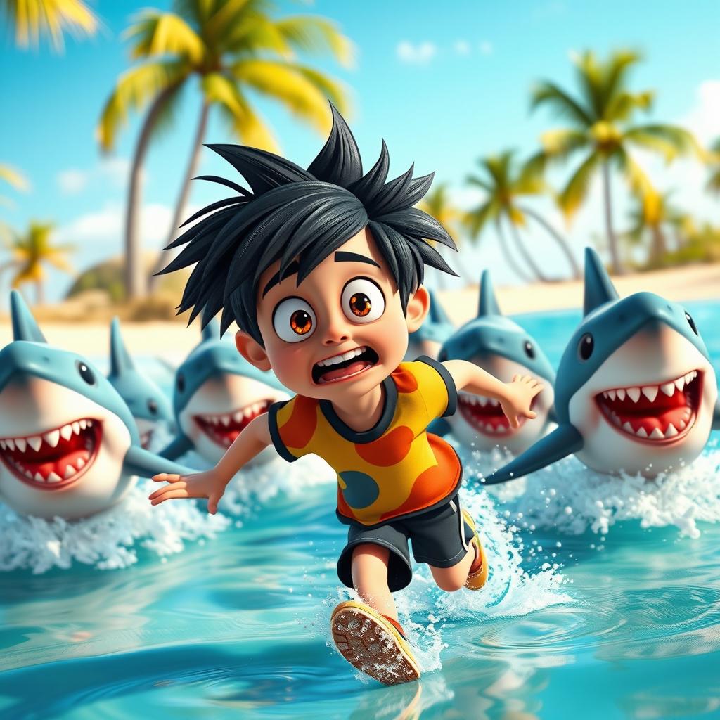 A dynamic scene of a cartoon movie boy running frantically away from a group of animated sharks