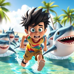 A dynamic scene of a cartoon movie boy running frantically away from a group of animated sharks