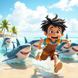 A dynamic scene of a cartoon movie boy running frantically away from a group of animated sharks