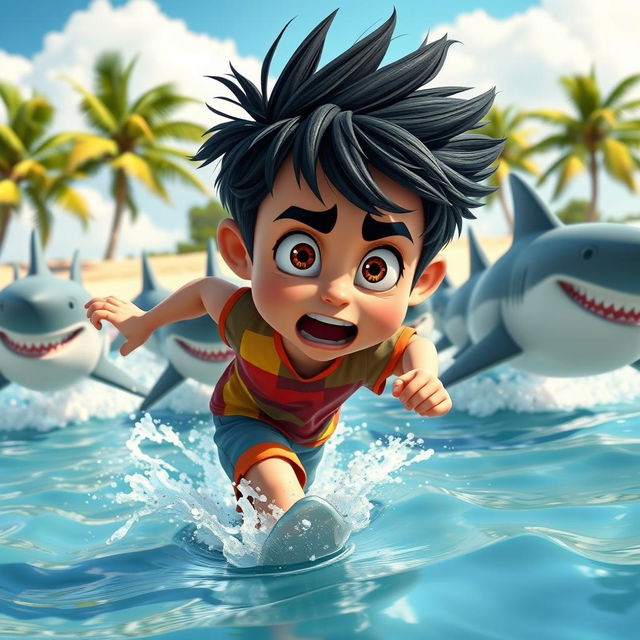 A dynamic scene of a cartoon movie boy running frantically away from a group of animated sharks