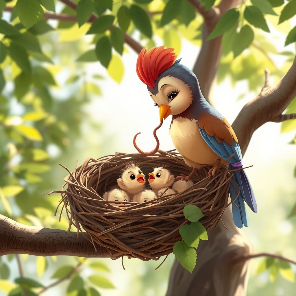 A heartwarming scene of a cartoon mother bird feeding her little babies in a cozy nest