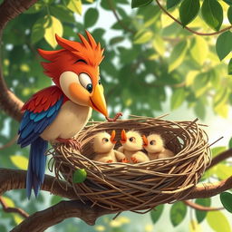 A heartwarming scene of a cartoon mother bird feeding her little babies in a cozy nest