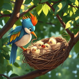 A heartwarming scene of a cartoon mother bird feeding her little babies in a cozy nest