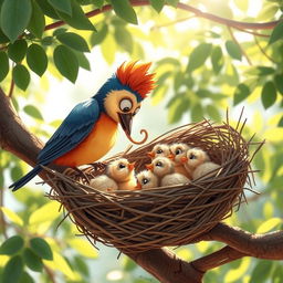 A heartwarming scene of a cartoon mother bird feeding her little babies in a cozy nest