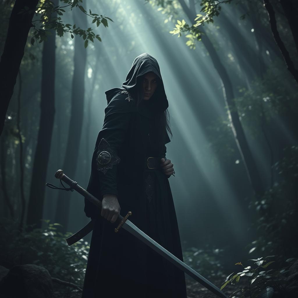 A mysterious elf with black hair, draped in a black cloak and hooded, stands in a shadowy forest during the day